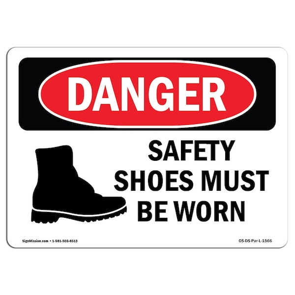 OSHA Danger Sign, Safety Shoes Must Be Worn, 10in X 7in Aluminum, 10" W, 7" H, Landscape